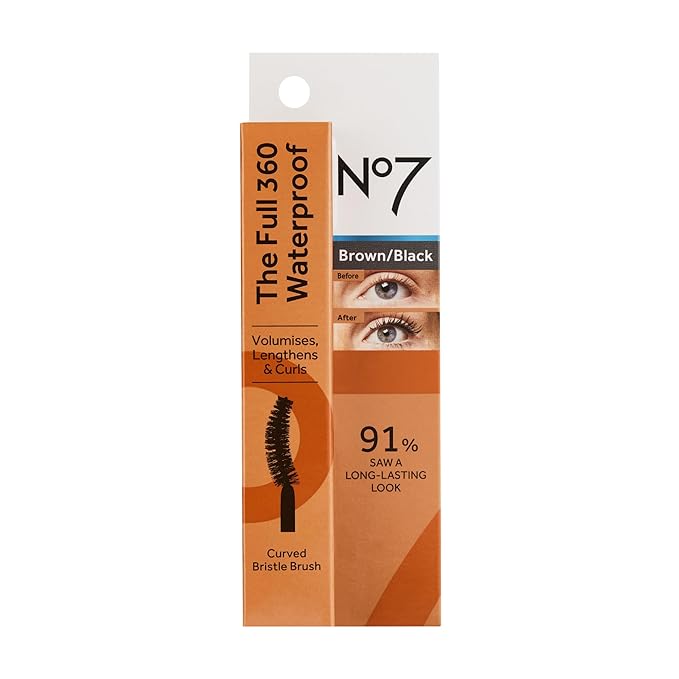 No7 The Full 360 Waterproof - Brown/Black - Sweat-Proof, Rain-Proof, Tear-Proof Mascara - Adds Volume, Length & Curl for Up to 12 Hours (7ml)