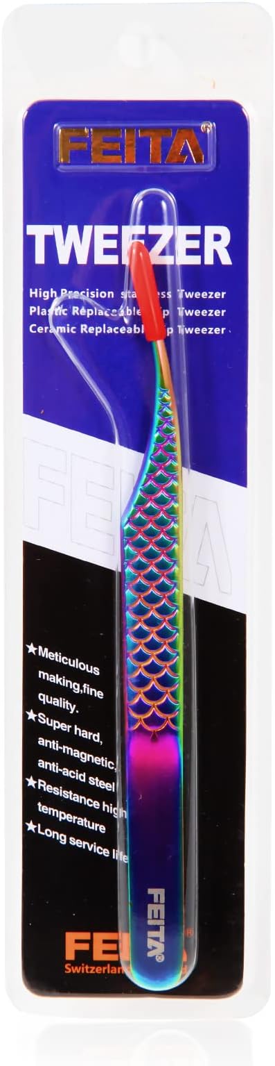 FEITA Diamond Grip Eyelash Extensions Tweezer Lash Precision Tweezers, Japanese Steel Dolphin-shaped Tip, False Lashes Application Tools, Multi-color 1Pc