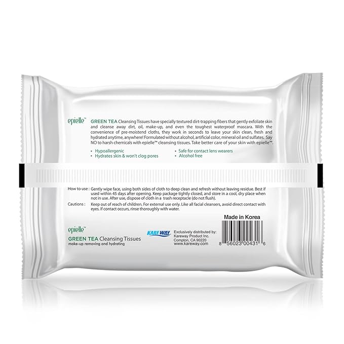 Epielle Green Tea Makeup Remover Wipes, Gentle Daily Facial Cleanser Towelettes, Remove Dirt, Oil & Waterproof Mascara, Stocking Stuffers, 30 Count (Pack of 6)