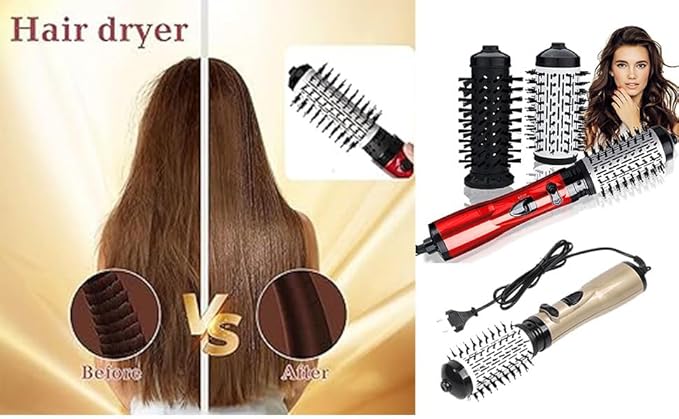 3 in 1 Hot Air Styler and Rotating Hair Dryer Hair Dryer and Blow Dryer Brush in One 2 Interchangeable Brushes for Dry and Wet Hair, Auto Rotating Curling Hot Hair Brush (Red)