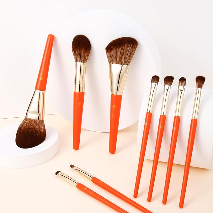 DUcare Travel Makeup Brushes with Pouch, 9Pcs Vegan Makeup Brush Set - Face & Eye Brush Kit for Powder Contour Blush Concealer Eyeshadow Blending & Detailing, Synthetic Bristles,Orange