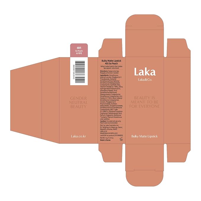 Laka Bulky Matte Lipstick 4g/0.14oz., Long Wear, Non-Drying Lip Stain Stick with High Pigmentation, Voluminous Lips, Vegan, K-Beauty (#405 So Peach)