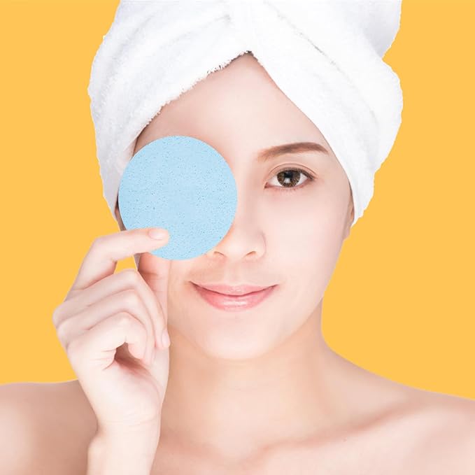 120 Count Compressed Facial Sponges, Face Cleansing Sponge for Estheticians Spa Wash Round Makeup Removal Sponge Pads for Women,Girls Compress Exfoliating Removal Sponge (White & Blue)
