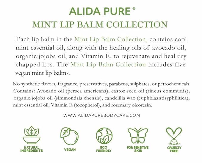ALIDA PURE Mint Lip Balm Collection, Vegan Set, Beeswax Free, with Organic Jojoba and Avocado Oil, Vitamin E, Natural Moisturizer for Dry, Chapped Lips, 5 Tube Set