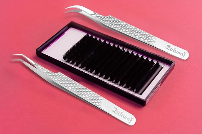 Lash Tweezers - Set of 5 Diamond Grip Eyelash Tweezers - Stainless Steel Professional Fiber Tip Lash Tweezer for Eyelash Extensions (Silver)