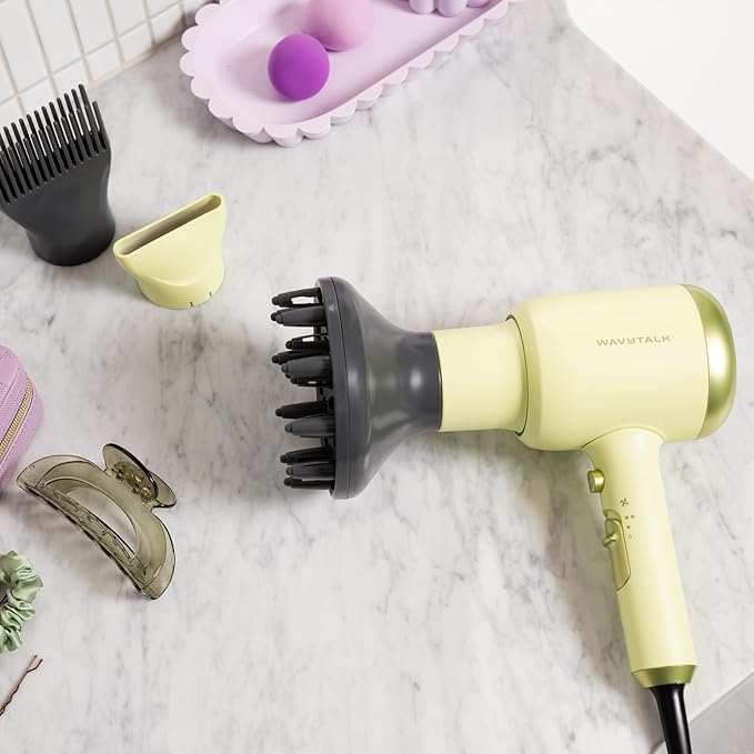 Wavytalk Hair Dryer with Diffuser, Blown Away Ionic Hair Dryer for Curly Hair with Comb, 1875W Fast Drying Blow Dryer with Ceramic Technology, 3 Attachments for All Hair Types, Light and Quiet, Green