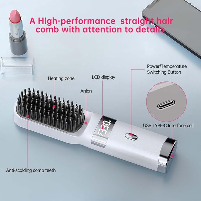 Cordless Hair Straightener Brush Portable on The go Comb for Travel USB chargingTwo Power sources30s Fast HeatingLCD Large Screen Display (White)