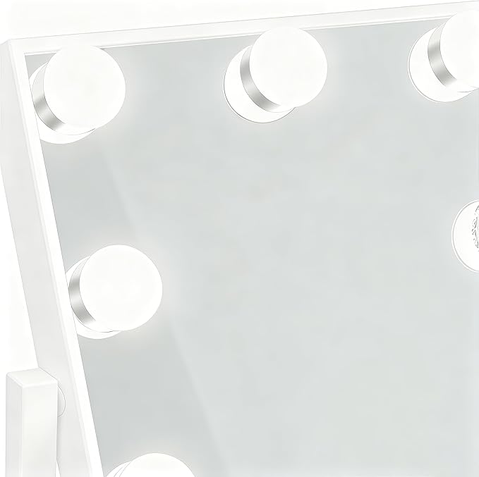 Lighted Vanity Mirror with 9 LED Lights, Detachable 10x Magnifying Mirror, 3-Color dimmable Hollywood Makeup Mirror, Smart Touch Control, Metal Frame, 360-degree Rotation, White/Black (White)