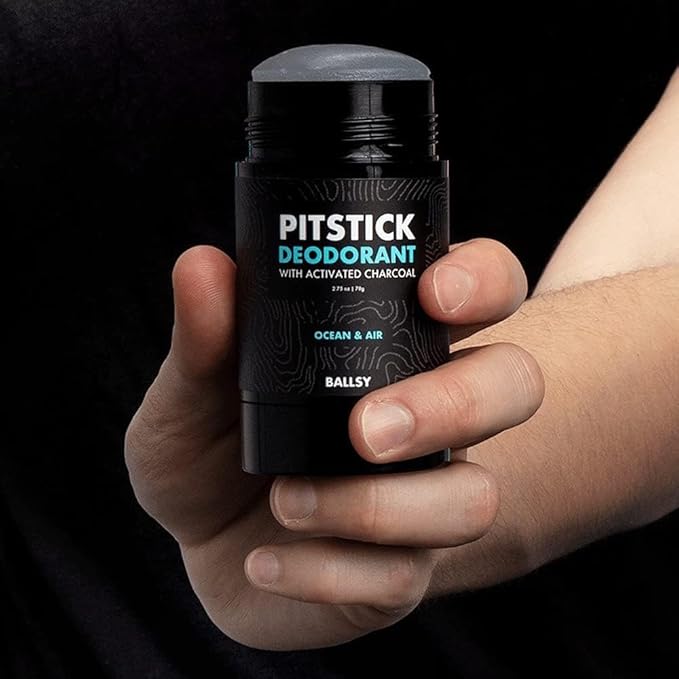 Ballsy Pitstick Activated Charcoal Deodorant - Mens Aluminum & Baking Soda-Free Underarm Deodorant w/Charcoal & Plant Based Extracts for Odor Protection, 2.75 oz