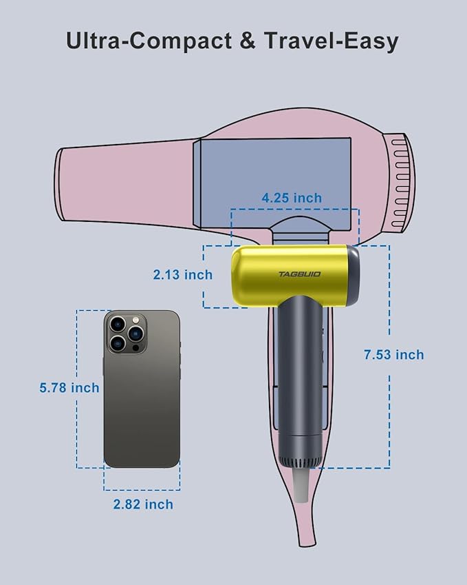 Hair Dryer, TAGBUIO 110,000 RPM High-Speed Hair Dryer for Fast Drying, Thermo-Control Negative Ionic Care, Compact Travel Blow Dryers Magnetic Nozzle, Low Noise Portable Blow Dryers for Home Yellow