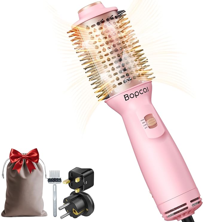 Dual Voltage Travel Blow Dryer Brush, Mini Hair Dryer Brush with Auto 100β240V, EU/UK Plug Ready, 4-in-1 Compact Hot Air Brush Lightweight, Ionic for Smooth & Voluminous Hair Anywhere