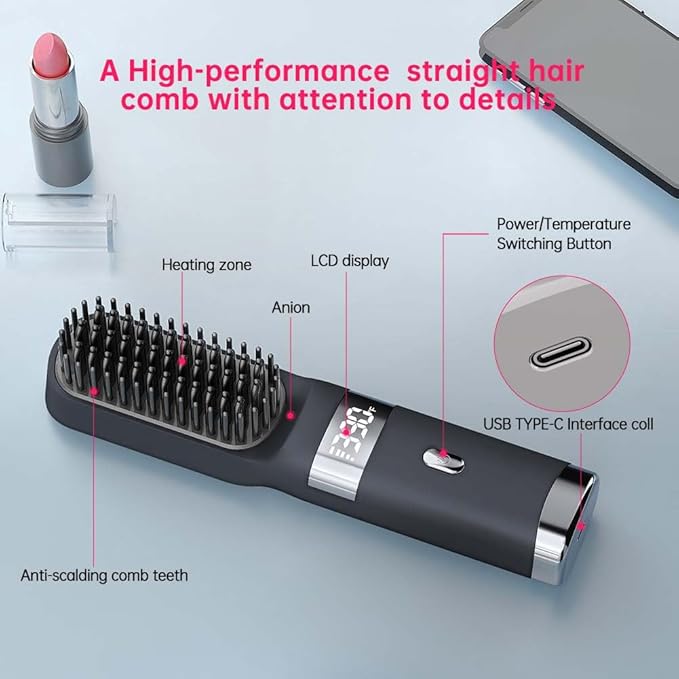 Cordless Hair Straightener Brush Portable on The go Comb for Travel USB chargingTwo Power sources30s Fast HeatingLCD Large Screen Display (Black)