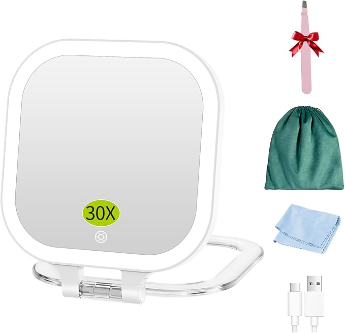 FUNTOUCH 30X Magnification Lighted Makeup Mirror,Double Sided Travel Vanity Mirror with Lights,Rechargeable 3 Color Lights & Adjustable Brightness, 300°Rotation, Foldable Portable for Christmas