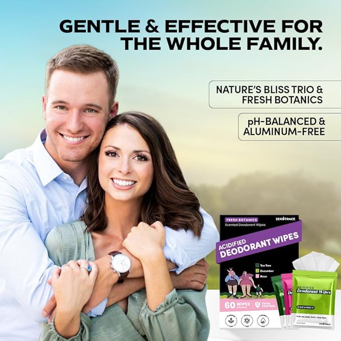 Zero Trace Travel Deodorant Wipes - 60 Count- 24 Hour Odor Control - Aluminum Free Hypoallergenic Mini Deodorant For Women and Men - Individually Wrapped Underarm & Body Wipes- Fresh Botanics