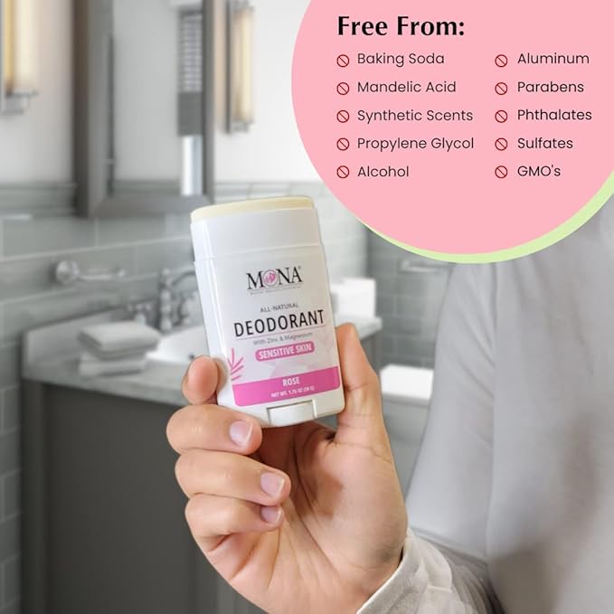 MONA BRANDS All Natural Deodorant For Women & Men | For Sensitive Skin | No Aluminum or Baking Soda | (2-Pack ROSE 1.76 Oz each)