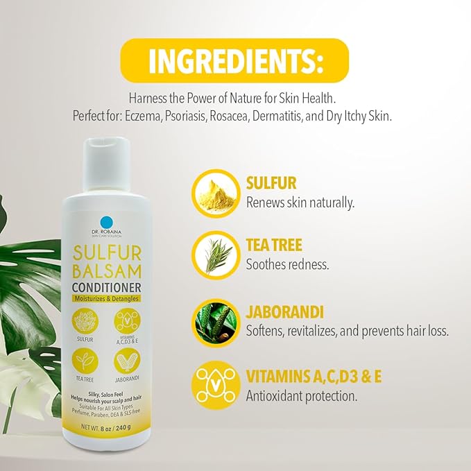 Dr. Robaina Sulfur Balsam Conditioner – Hydrating & Detangling Formula for Sensitive, Flaky or Itchy Scalp – Tea Tree & Shea Butter Blend – Color-Safe, Silicone-Free, 8 fl oz - Made in the USA