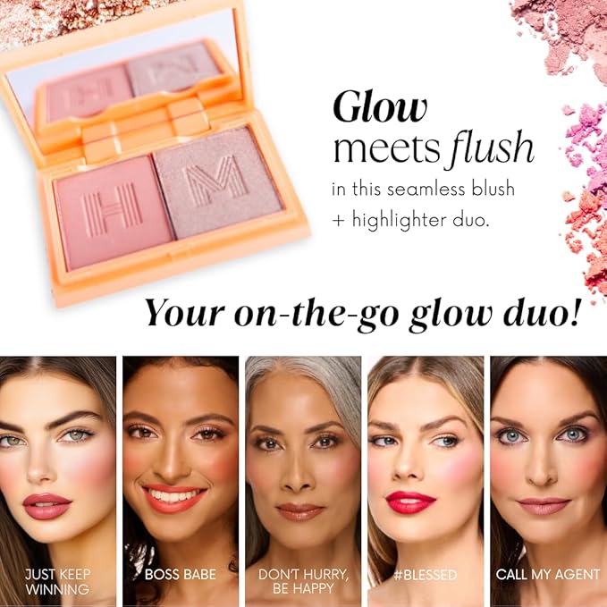 Blush + Brighten Highlighter Duo, Mini Lightweight Blendable Shimmer Blush, High Pigmented Makeup Powder Palettes, Cruelty Free - Call My Agent!