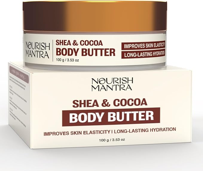 NOURISH MANTRA Shea & Cocoa Body Butter | Creamy Moisturizer for Long-Lasting Moisture & Soft Skin | Infused with Shea Butter & Cocoa Butter | Suits All Skin Types | For Women & Men | 100 g