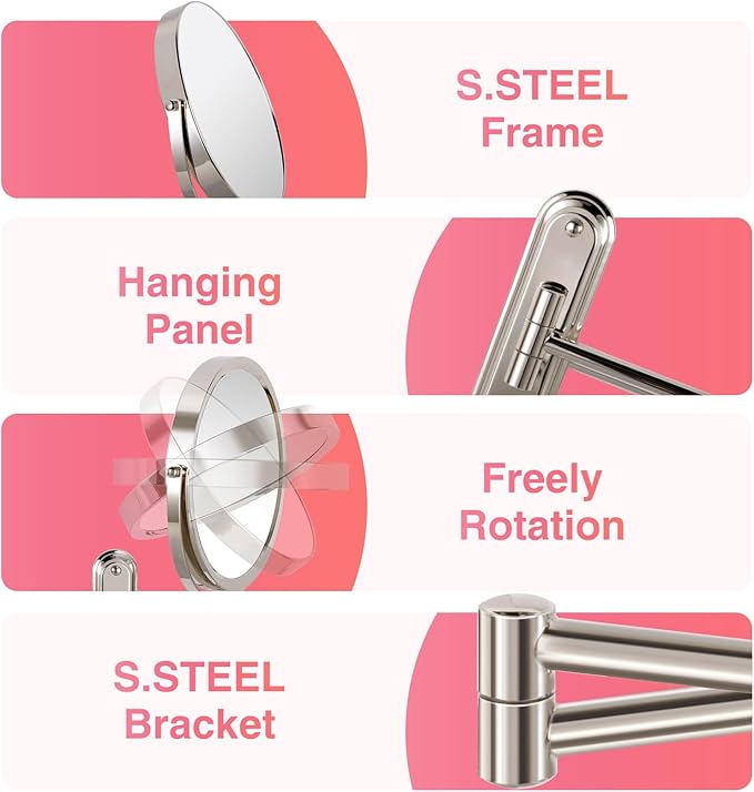 Wall Mounted Makeup Mirror, 15X/1X Double Sided Magnifying Mirror, 8.5 Inch Round, Brushed Nickel, Modern Style, Space Theme, 13" L x 11" W