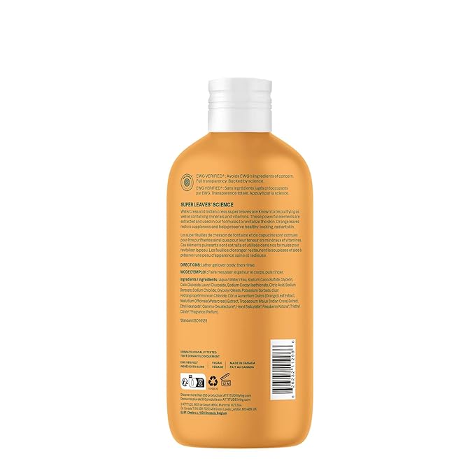 ATTITUDE Body Wash, EWG Verified Shower Gel, Dermatologically Tested, Plant and Mineral-Based, Vegan Personal Care Products, Orange Leaves, 16 Fl Oz