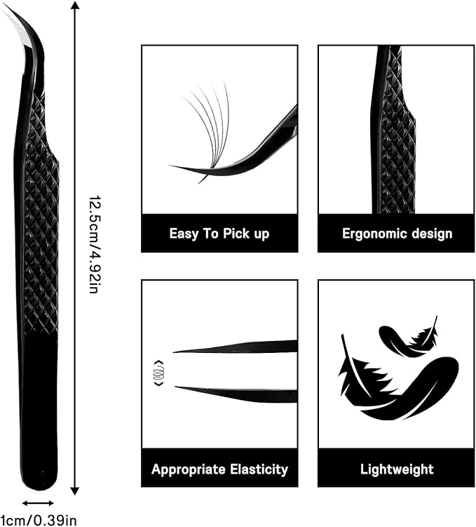 VAVALASH Lash Tweezers for Eyelash Extensions, Fiber Tip Diamond Grip Curved Tweezers for Lash Extension,Professional Precision Black Lash Tweezers for Volume & Classic Lashes (Curved Tweezers)
