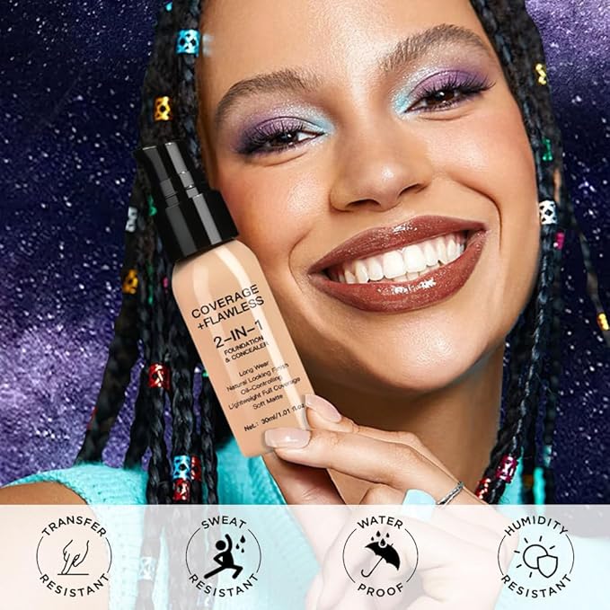 2 in 1 Foundation Concealer, Lightweight Creamy Long Lasting Face Makeup for Combination Oily Skin, Conceals Dark Circles Under Eyes Dark Spots and Blemishes, Vegan Cruelty-Free, Medium