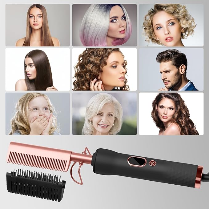 Hot Comb,Travel Curling Iron Double Voltage 110-240V with European Plug Adapter,12 Temp Settings Straightening Comb for Black Hair,Pressing Combs for Straight/Curling