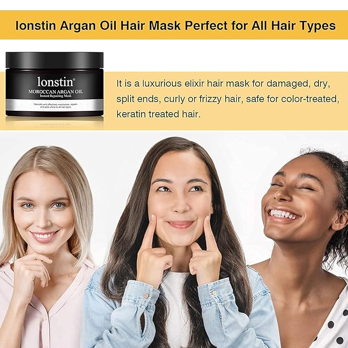 lonstin Hair Treatment Mask, Argan Oil Hair Mask Deep Conditioner Keratin Hair Mask Treatment for Dry Damaged Hair, Anti-Frizz & Split Ends, Hydrating Hair Repair Mask for Men Women, 10.14 Fl Oz