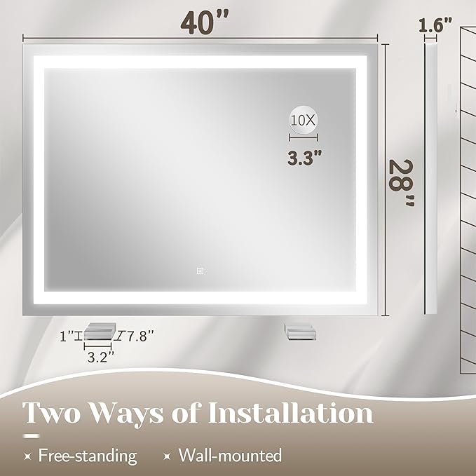 FENNIO Large Vanity Mirror with Lights,40" x 28"Makeup Mirror with Lights,Hollywood Mirror with 3 Color Modes & Adjustable Brightness,Vanity Mirror Square White