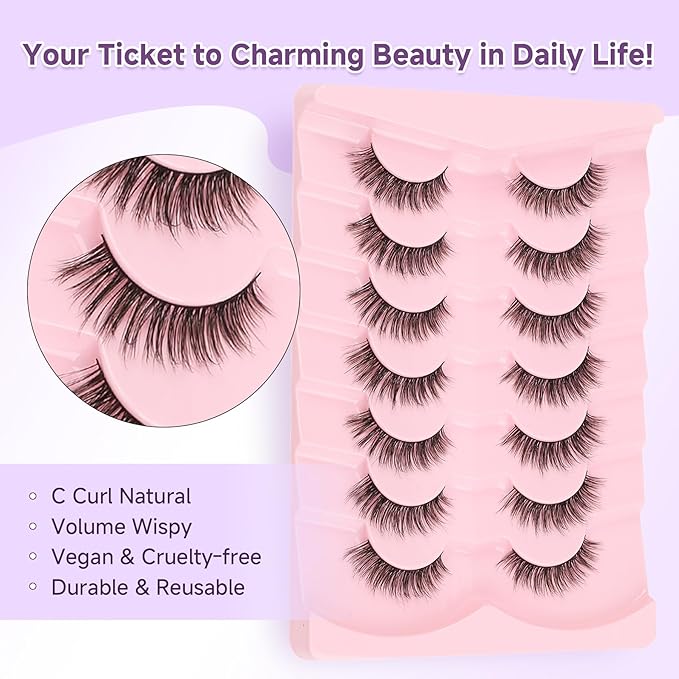 False Eyelashes Natural 13mm Wispy Lashes with Thin Band 3D Volume Soft Strip Lashes Pack C Curl Natural Eyelashes Fake Eyelashes 7 Pair