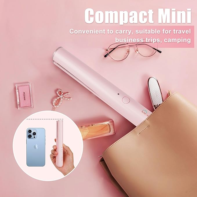 Mini Portable Cordless Hair Straightener,USB Rechargeable,Rapid Heating can Work continuously for 40 Minutes,Wireless Curling Iron for Travel (Pink)