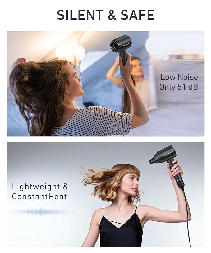 Hair Dryer, 150000 RPM High-Speed Brushless Motor Negative Ionic Blow Dryer for Fast Drying, Low Noise Thermo-Control Hair-Dryer-with-Diffuser and Nozzle