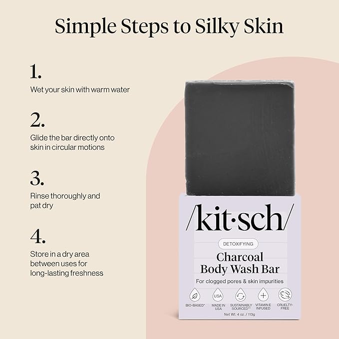 Kitsch Charcoal Soap Body Wash Bar – Detoxifying Bar Soap with Activated Charcoal – Gently Removes Excess Oil & Impurities, Clears Pores, Firms & Moisturizes Skin – Made in USA - 4 oz