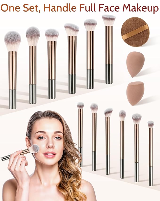 Makeup Brushes Set, 12 Pcs Multi-functional Cosmetic Brushes Tools Kit With 3 Makeup Sponges and Storage Bag, Soft Bristles are Suitable for Foundation, Concealer, and Eyeshadow (Brown)