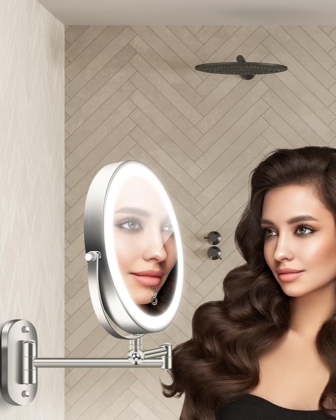 30X/1X Wall Mounted Lighted Makeup Mirror, 9'' Height Adjustable Double Sided 5000mAh Rechargeable Magnifying Bathroom Mirror with Light, 3 Color Modes Touch Dimmable Extended Arm 360 Rotation