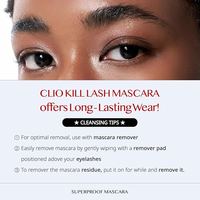 CLIO Kill Lash Superproof Mascara, Washable, Vegan Formula, Ultra-Volumizing, Smudge-Proof, Clump-Free, Curl-Holding, Long-Lasting, 0.24 fl oz (004 EXTREME VOLUME BLACK)