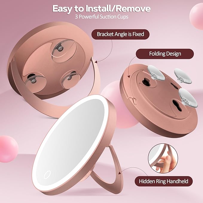 30X Magnifying Mirror Suction Cup, 6" Makeup Mirror with Lights, Rechargeable Travel Mirror with 3 Color Dimmable Lights for Precision Makeup, Fits Bathroom/Wall Suction/Hanging, Rosegold