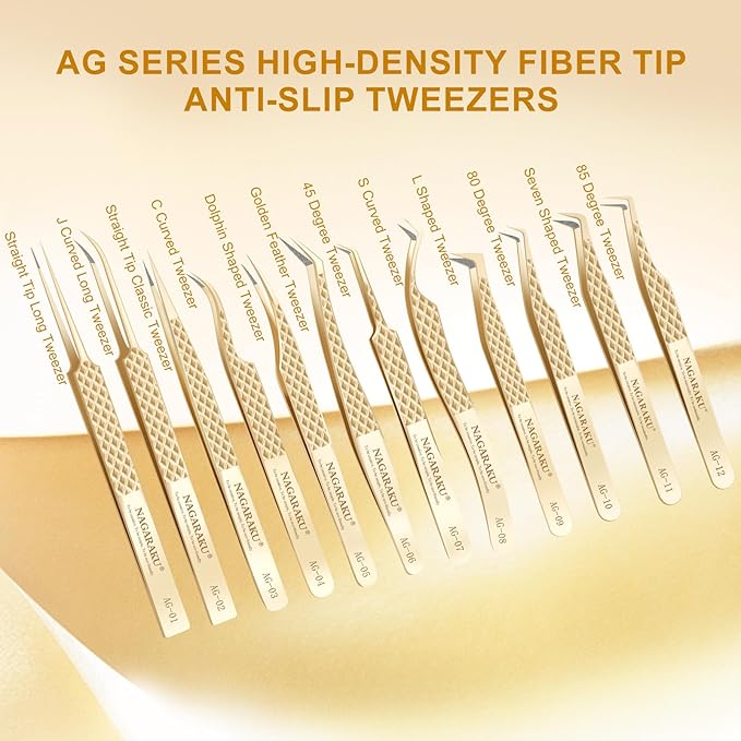 NAGARAKU Eyelash Tweezers, 1 Pair Precision Fiber Tip Tweezer for Lash Extensions Antistatic Anti-Slip Pinzas with Box -Straight Tip & 85 Degree Long Tip Tweezers AG-03 & AG-012
