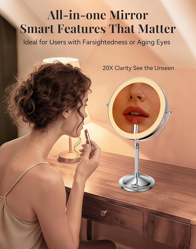 DOWRY 4000 mAh Rechargeable Lighted Makeup Mirror 20x Magnification Vanity Mirror Tabletop Two-Sided Swivel Gifts for Women Wife Mom Teengirls Chrome