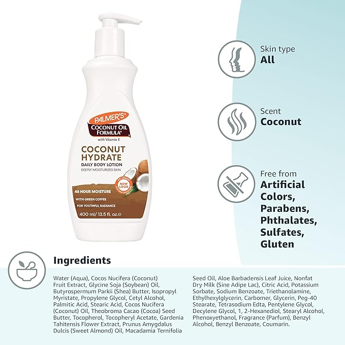 Palmer's Coconut Oil Formula Body Lotion for Dry Skin, Hand & Body Moisturizer with Green Coffee Extract & Vitamin E, Pump Bottle, 13.5 Fl Oz (Pack of 2)