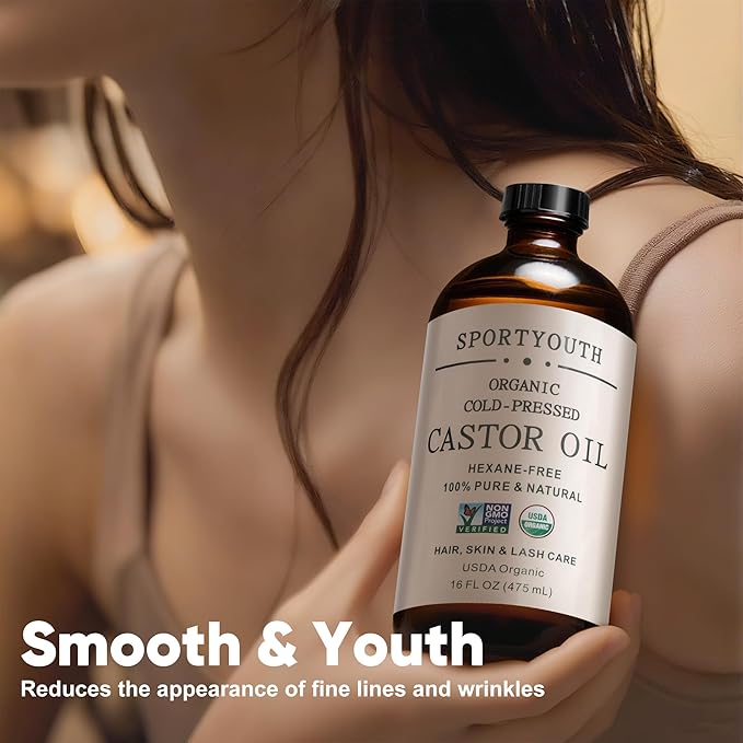 SPORTYOUTH Castor Oil Organic - Cold Pressed, Hexane Free, 100% Pure, USDA Certified, Unrefined Glass Bottle 16oz Non-GMO Carrier Oil for Face, Skin, Hair Growth, Castor Oil Pack, Eyelashes, Brows