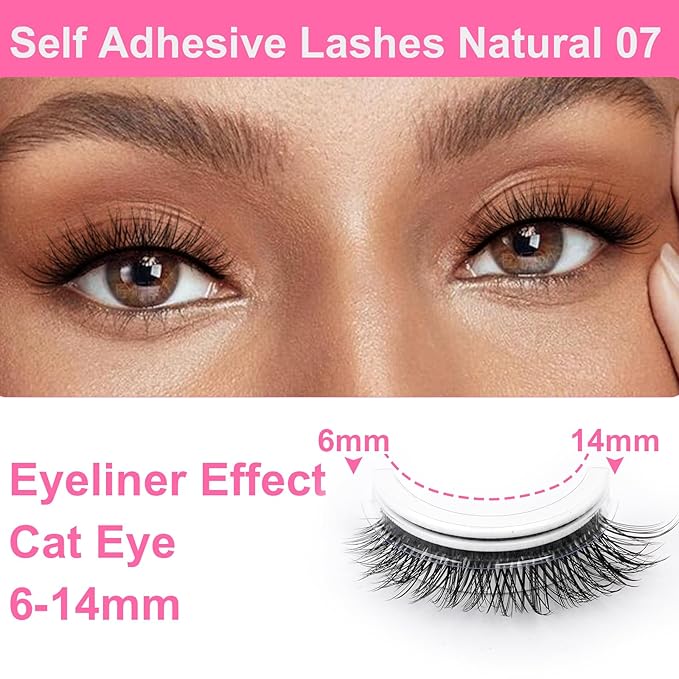 Self Adhesive Lashes False Eyelashes - Update More Stronger Pre-glued Natural Cat Eye Wispy Fake Lashes Press on EyeLashes Waterproof No Glue Needed D Curl Reusable Fluffy by EMEDA(12mm 07)