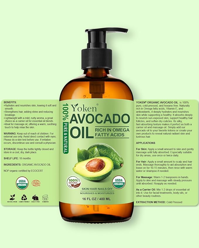 USDA Organic Avocado Oil Cold Pressed 16oz Glass Bottle - Non Greasy Moisturizing Carrier oils for Essential Oils Mixing, Unscented Body oil for Dry Scalp, Hair & Skin Hydrating, aceite para cabello