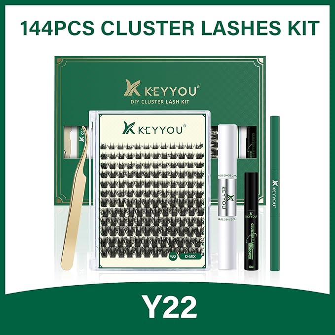 DIY Lash Extension Kit KEYYOU 144pcs Lash Clusters Eyelash Extension Kit with Mascara Brush Bond and Seal Lash Remover Lash Applicators Lash Brush for DIY Lash Extensions (Y22 Kit)