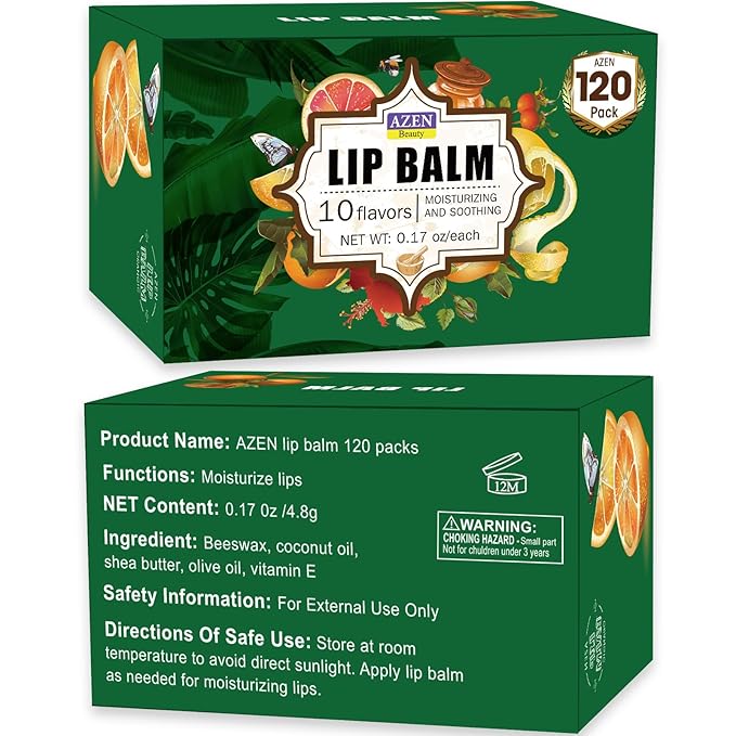 AZEN 120 Pack Lip Balm, Natural Lip Balm Bulk, Lip Care Product, Christmas Stocking Stuffers, Christmas Gifts for Women Girls - 10 Flavors