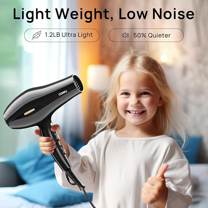 CONFU Hair Dryer, Professional Ionic Salon Blow Dryer with Diffuser for Women and Men, 5X Fast Drying, Powerful and Quiet Hair Blow Dryer for Fast & Easy Styling (1875 Watts)
