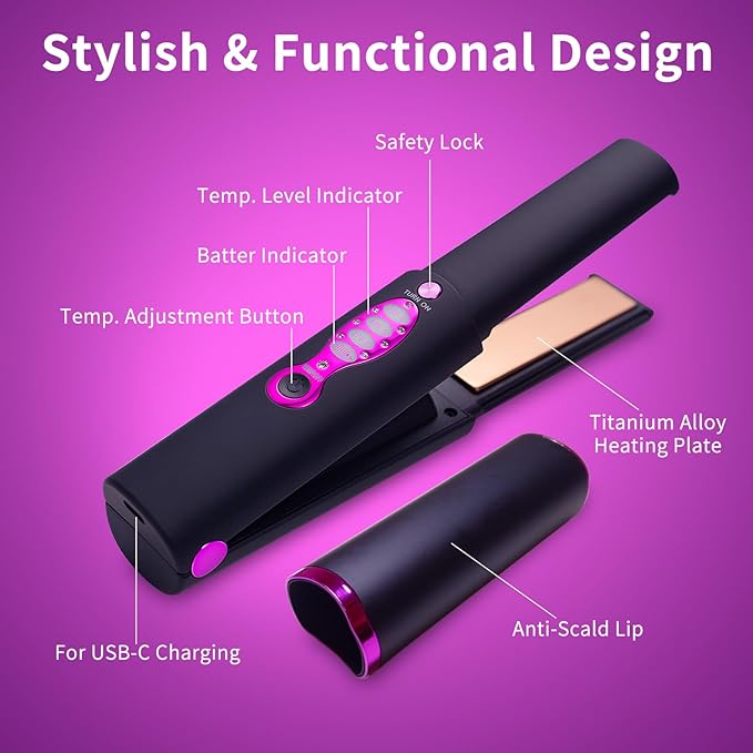 Small Titanium Flat Iron for Short Hair, Mini Cordless Hair Straightener and Curler for Travel, Dual Voltage, Portable, USB-C Rechargeable, Fast Heating, 5000mAh Battery, 3 Temp Settings(Decent Black)