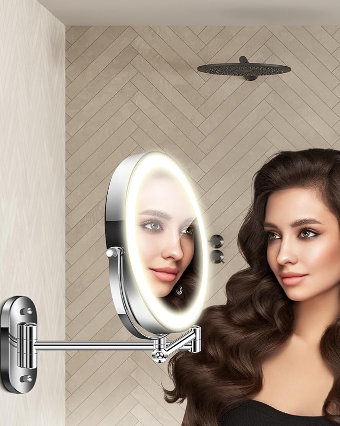 30X/1X Wall Mounted Lighted Makeup Mirror, 9'' Height Adjustable Double Sided 5000mAh Rechargeable Magnifying Bathroom Mirror with Light, 3 Color Modes Touch Dimmable Extended Arm 360 Rotation