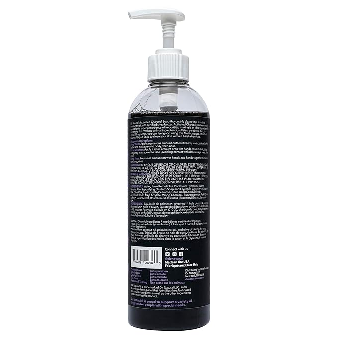 Dr. Natural Activated Charcoal Liquid Soap - Anti Acne and Blemishes - Deep Cleansing Body Wash - Gentle Body Soap for Clear Skin - Lavender - 16 oz