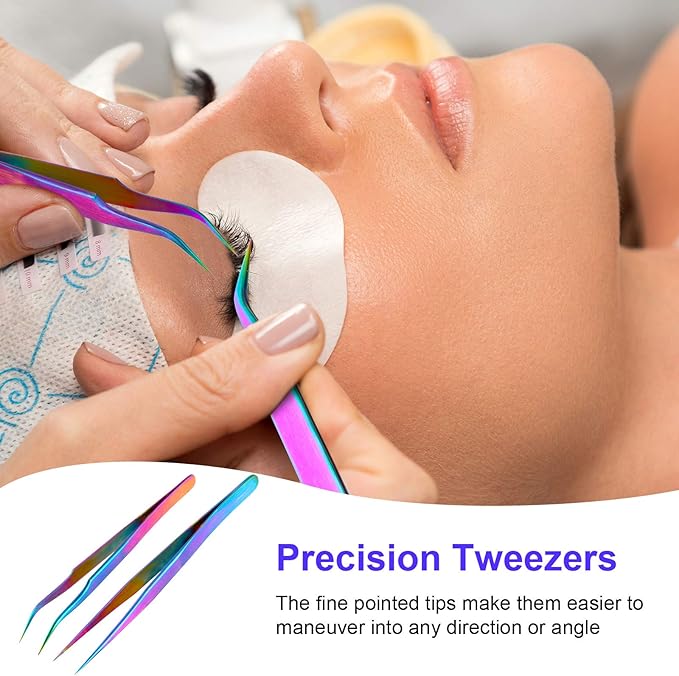 2 Pieces Straight and Curved Tip Tweezers Eyelash Extension Tweezers, Stainless Steel False Lash Application Tools (Iridescence)